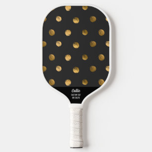 Raquette De Pickleball Motif de points Polka or blanc noir texte personna