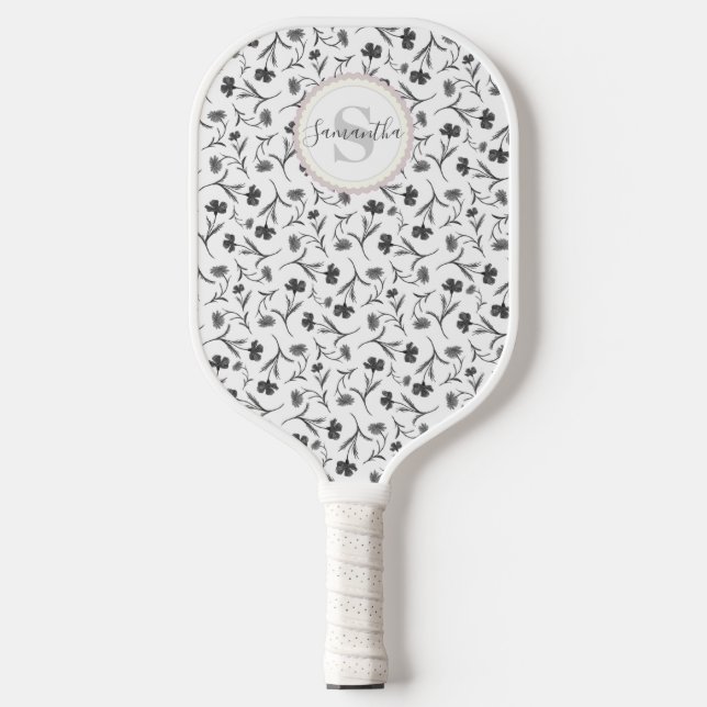Raquette De Pickleball Motif floral noir et blanc - Nom et monogramme (Recto)