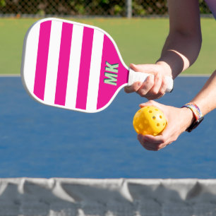 Raquette De Pickleball Motif rayé rose et blanc avec monogramme