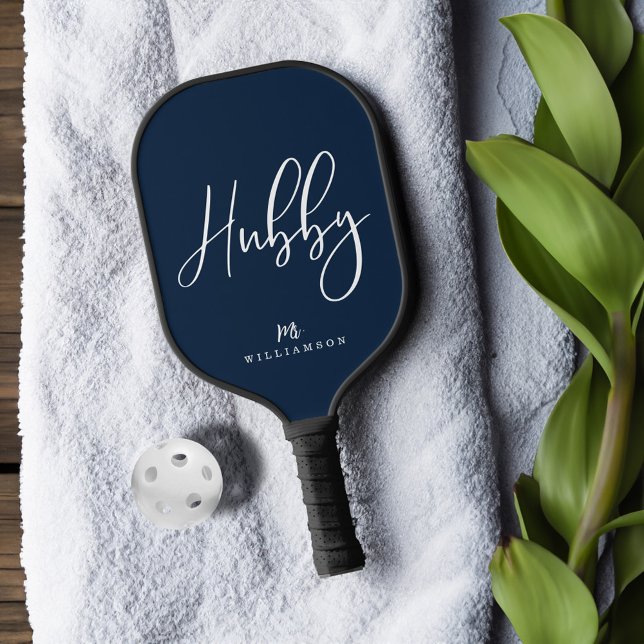 Raquette De Pickleball Navy Modern Minimal Hubby Script Nom personnalisé (Navy Modern Minimal Hubby Script Personalized Name Pickleball Paddle)