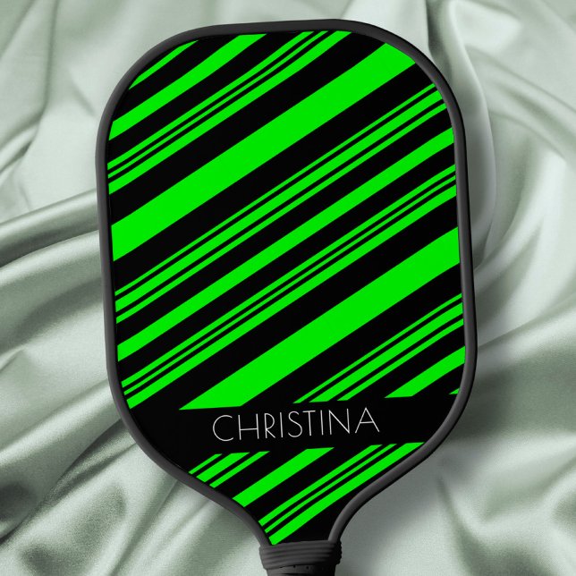 Raquette De Pickleball Neon Green et Black Stripes Modern Custom Name (Créateur téléchargé)