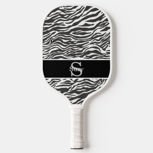 Raquette De Pickleball Noir Blanc Zèbre Animal Motif Monogramme initial (Recto)