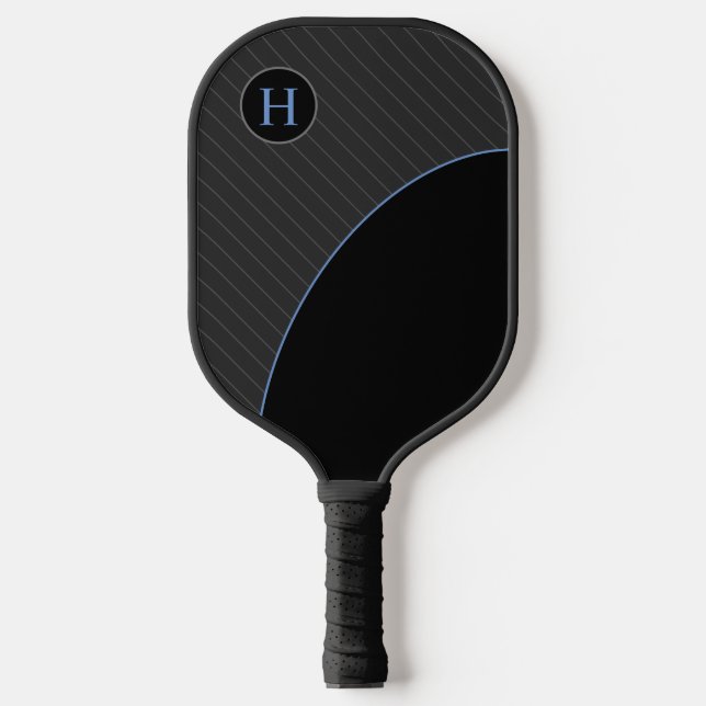 Raquette De Pickleball Noir et bleu moderne avec Monogramme rayé (Recto)