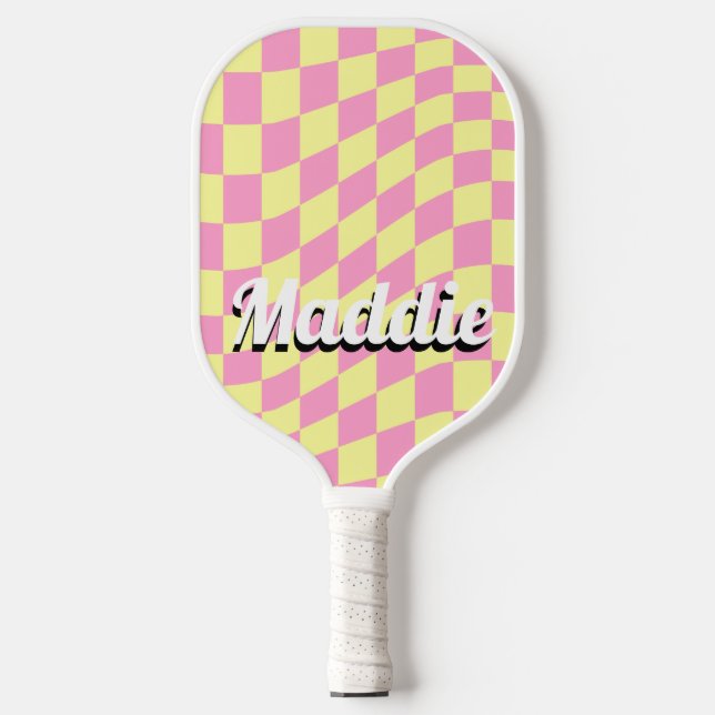 Raquette De Pickleball Nom À damiers script rétro (Recto)