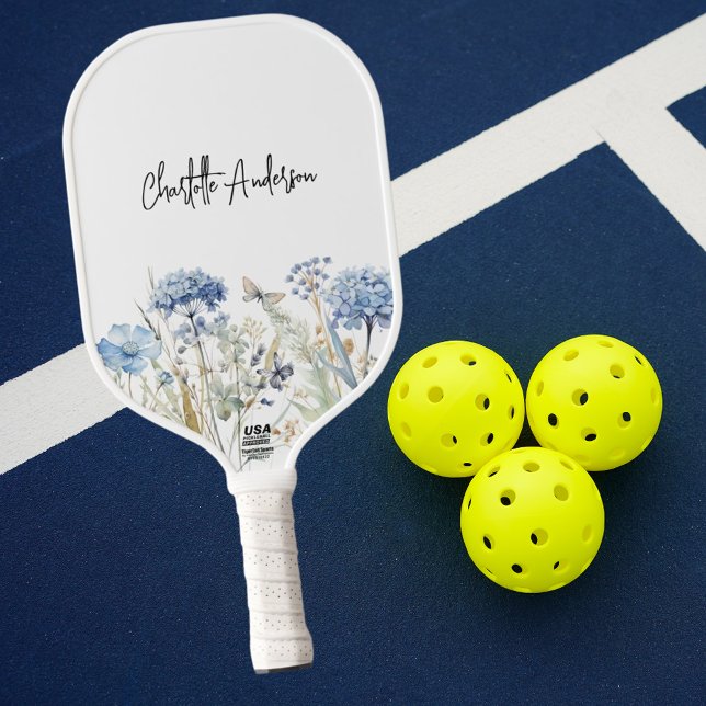 Raquette De Pickleball Nom de fleurs sauvages bleu blanc écriture script (Créateur téléchargé)