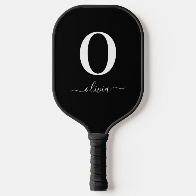 Raquette De Pickleball Nom de script Monogramme Personnalisé Noir Et Blan (Recto)