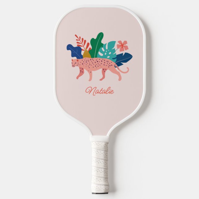 Raquette De Pickleball Nom du léopard de la jungle tropicale mignonne (Recto)