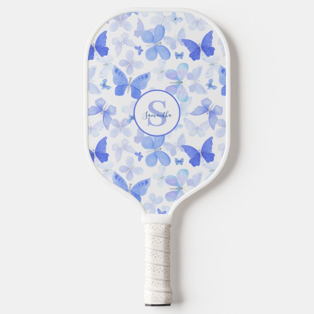 Raquette De Pickleball Nom du monogramme papillon bleu (Recto)