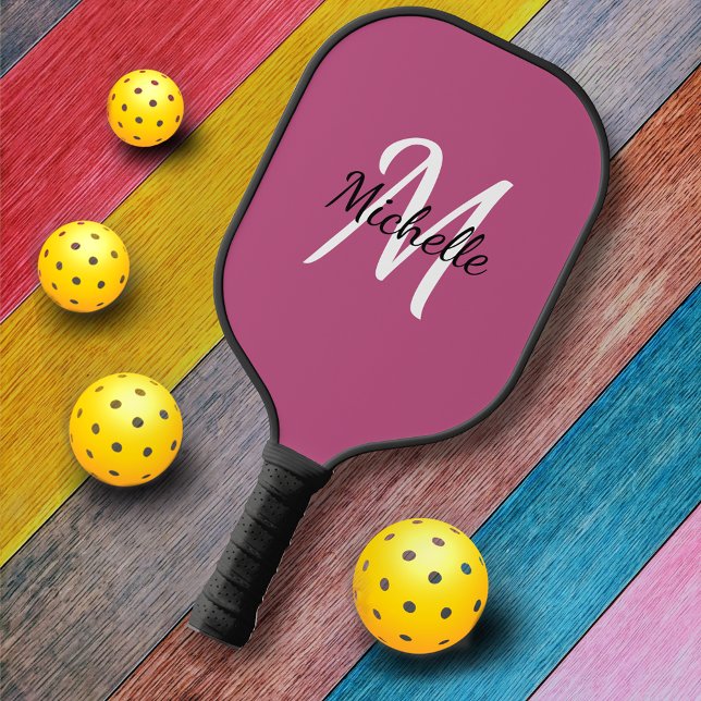 Raquette De Pickleball Nom du monogramme rose mignon de la fille + initia (Créateur téléchargé)