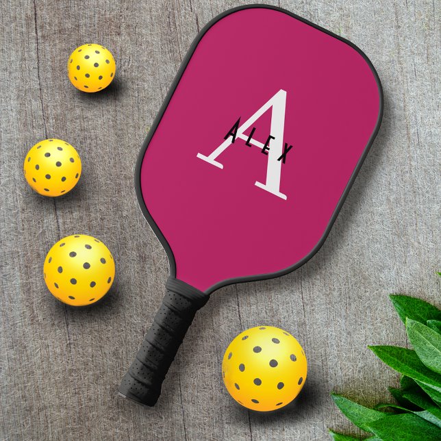 Raquette De Pickleball Nom du monogramme rose mignon + initial (Créateur téléchargé)