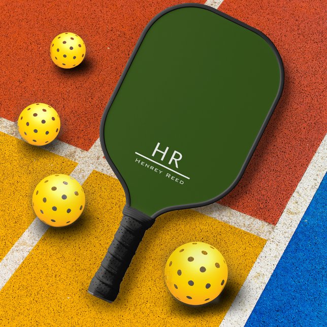 Raquette De Pickleball Nom du monogramme vert de base + initiales (Créateur téléchargé)