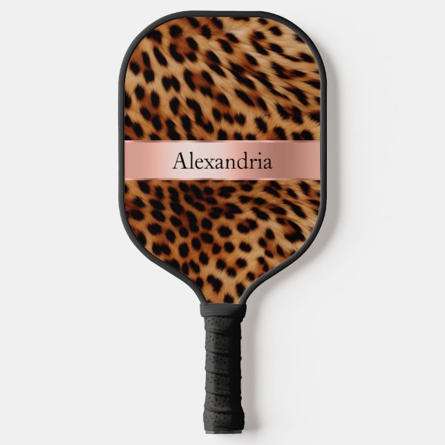 Raquette De Pickleball Nom du ruban rose du Rose animal léopard (Recto)