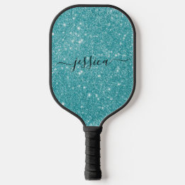 Raquette De Pickleball Nom du script de parties scintillant turquoise mod