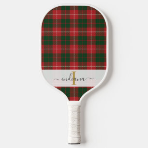 Raquette De Pickleball Nom du script Monogramme Plaid Tartan Rustique