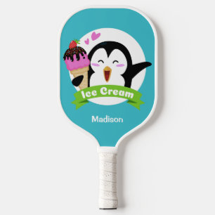 Raquette De Pickleball Nom et couleur personnalisés Ice Cream Penguin