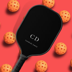 Raquette De Pickleball Nom initial du monogramme noir blanc