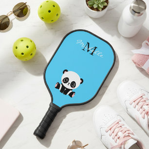 Raquette De Pickleball Nom personnalisé avec monogramme Panda mignon bleu