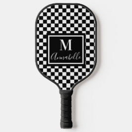 Raquette De Pickleball Nom personnalisé blanc et noir À damiers initial