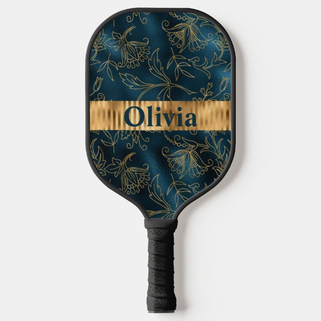 Raquette De Pickleball Nom Personnalisé Blue Gold Floral (Recto)