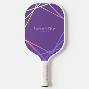 Raquette De Pickleball Nom personnalisé géométrique arc-en-ciel violet