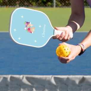 Raquette De Pickleball Nom personnalisé mignon anges sur bleu