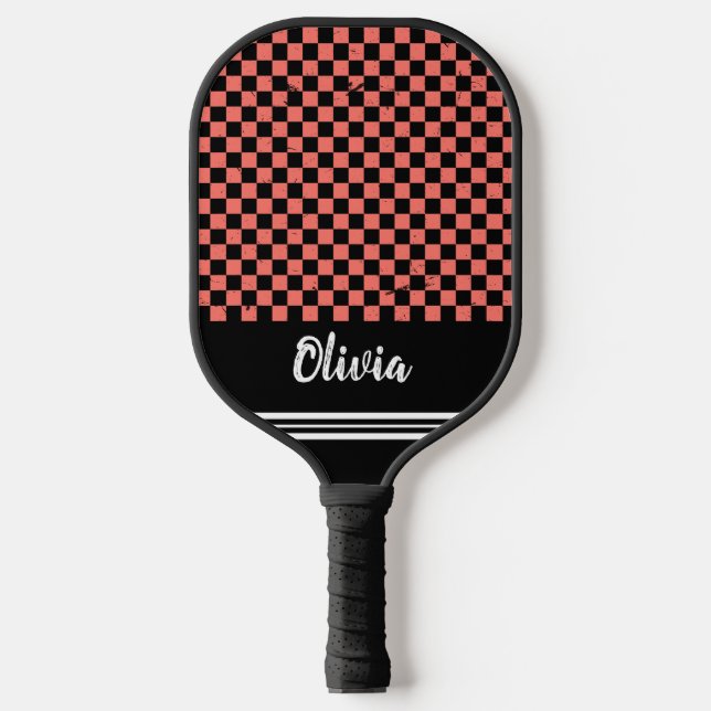 Raquette De Pickleball Nom personnalisé Motif de vérificateur rose et noi (Recto)