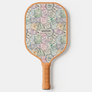 Raquette De Pickleball Nom personnalisé Motif Timbres de voyage