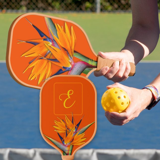 Raquette De Pickleball Oiseau du Paradis Monogramme initial orange (Créateur téléchargé)