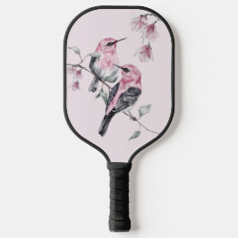 Raquette De Pickleball Oiseaux et fleurs roses en aquarelle