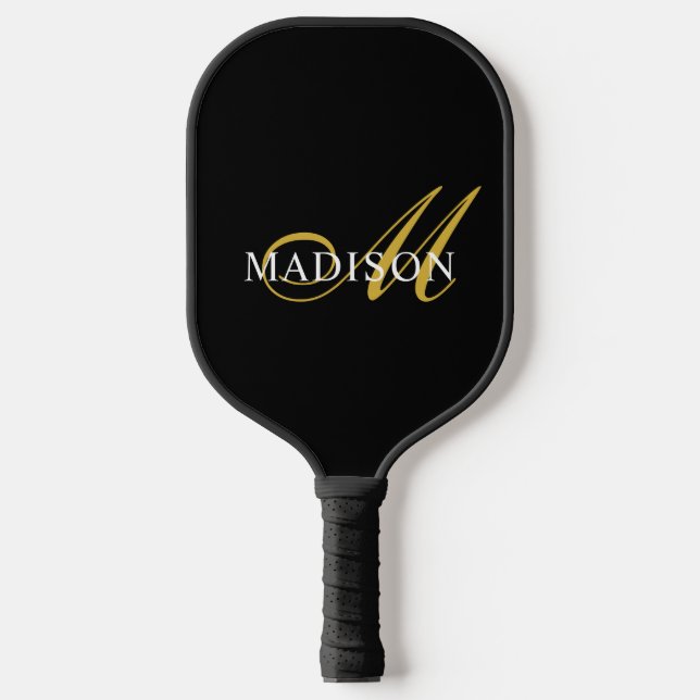 Raquette De Pickleball Or Et Blanc | Monogramme moderne noir (Recto)