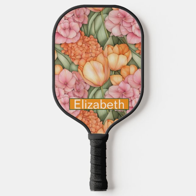 Raquette De Pickleball Orange and Pink Tulip Flowers Personalized (Recto)