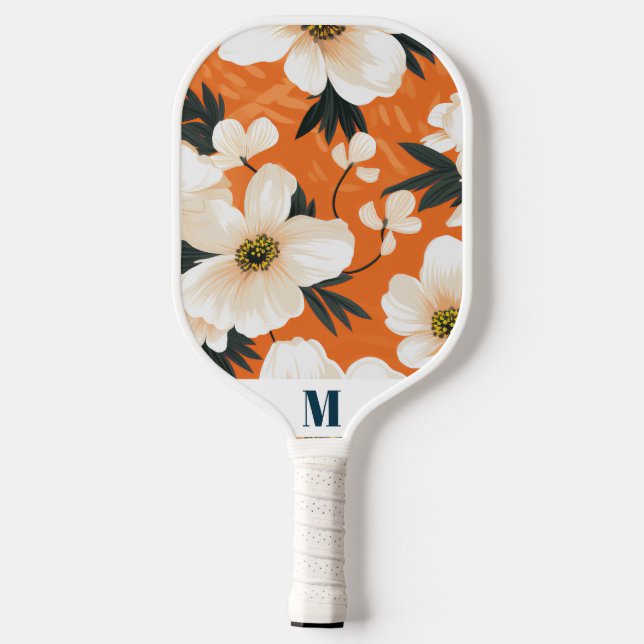 Raquette De Pickleball Orange Blanc Fleuve Bleu Marine Moderne Monogramme (Verso)