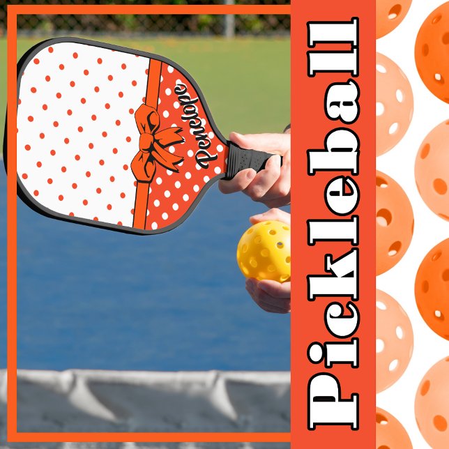 Raquette De Pickleball Orange, Pois blancs, Bow orange, Personnalisé (Orange, White Polka Dots, Orange Bow, Personalized Pickleball Paddle)