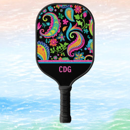Raquette De Pickleball Paisley tropicale et motif floral avec Monogramme