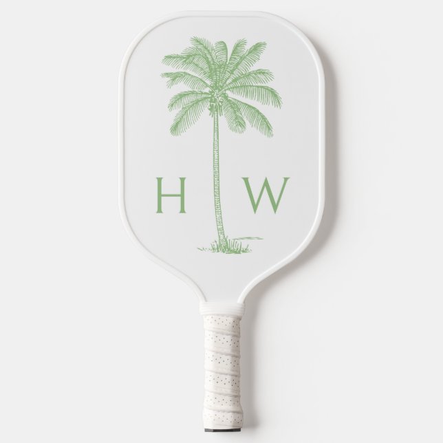Raquette De Pickleball Palmier de palmier vert et blanc Monogramme (Recto)