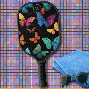 Raquette De Pickleball Papillons Abstraits colorés Monogramme