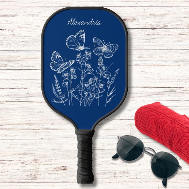 Raquette De Pickleball Papillons bleus et blancs en Monogramme Fleur sauv (Available in additional colors. )