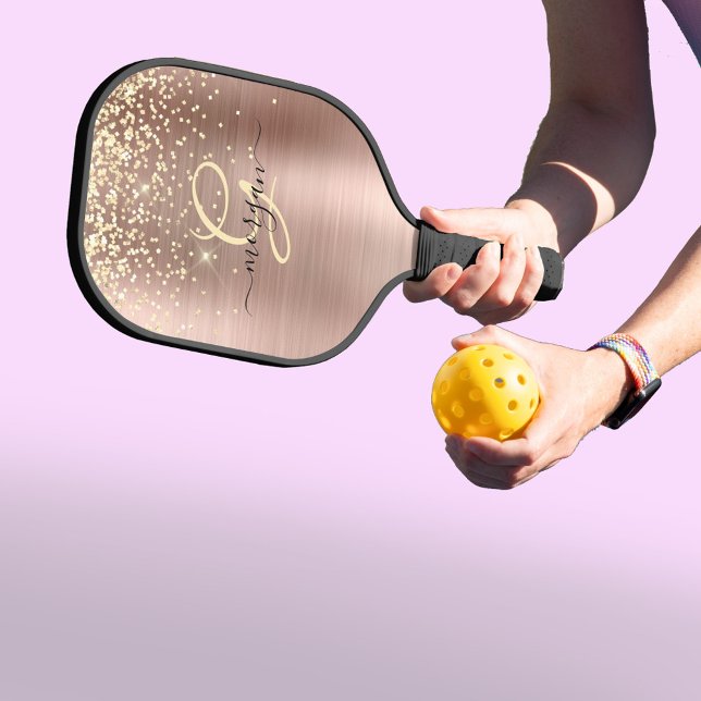 Raquette De Pickleball Parties scintillant d'or, Monogramme d'or, Nom de  (Créateur téléchargé)