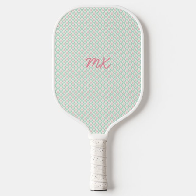Raquette De Pickleball Pastel Girly Vert & Motif Rose Avec Initiales (Recto)