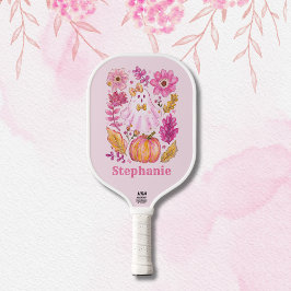 Raquette De Pickleball Pastel Pink Halloween Ghost with Custom Name