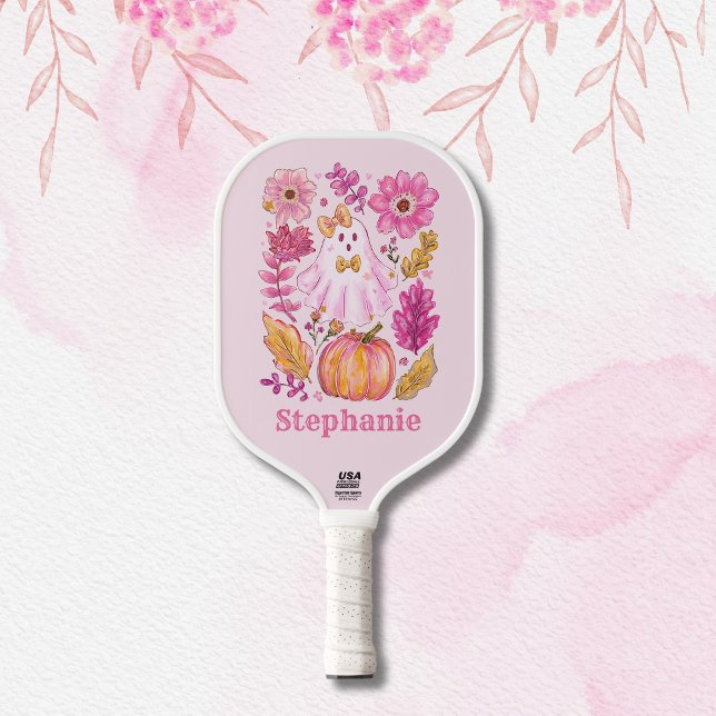 Raquette De Pickleball Pastel Pink Halloween Ghost with Custom Name (Créateur téléchargé)