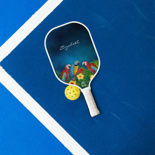 Raquette De Pickleball Perroquets oiseaux rouges bleus jaunes motif nom é