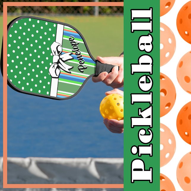 Raquette De Pickleball Pickleball Summer Stripes Dots verts Bow blanc (Pickleball Summer Stripes Green Dots White Bow Pickleball Paddle)