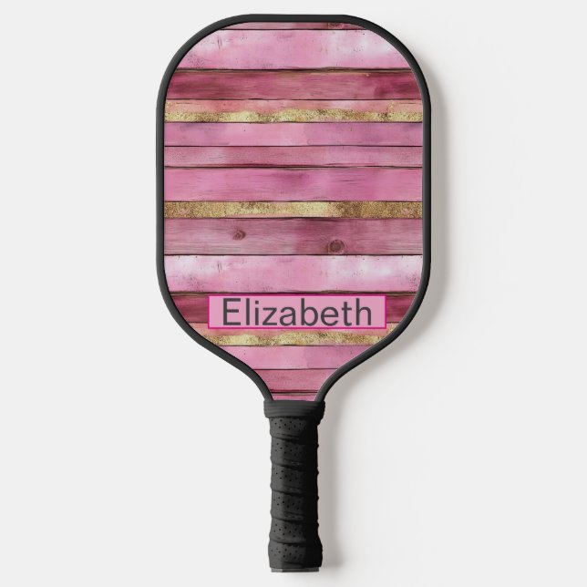 Raquette De Pickleball Pink and Gold Rustic Faux Wood Personalized (Recto)