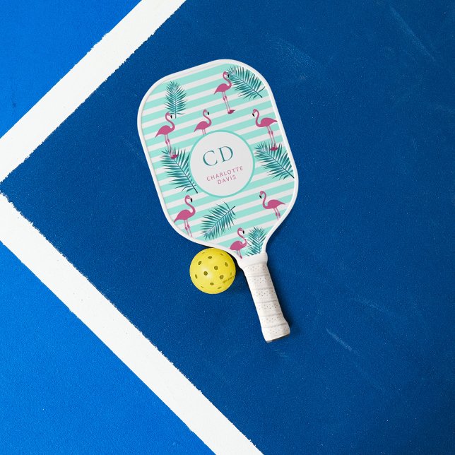 Raquette De Pickleball Pink flamingo menthe vert rayures palmier nom feui (Créateur téléchargé)