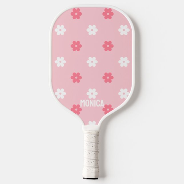 Raquette De Pickleball  Pink &White  Flowers Personalized script Name (Verso)