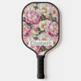 Raquette De Pickleball Pivoine rose et blanche élégante personnalisée