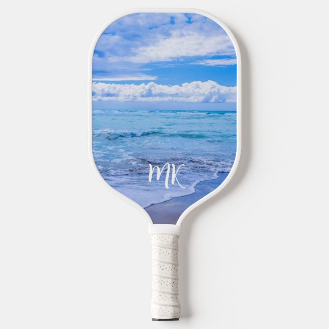 Raquette De Pickleball Plage Beau Ciel Bleu Nuages Monogramme (Recto)