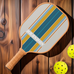 Raquette De Pickleball Planches rayées arc-en-ciel rétro avec nom