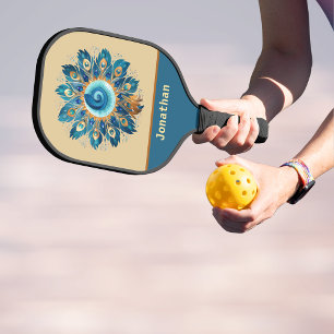 Raquette De Pickleball Plumes rétro bleu et pêche Mandala Monogramme
